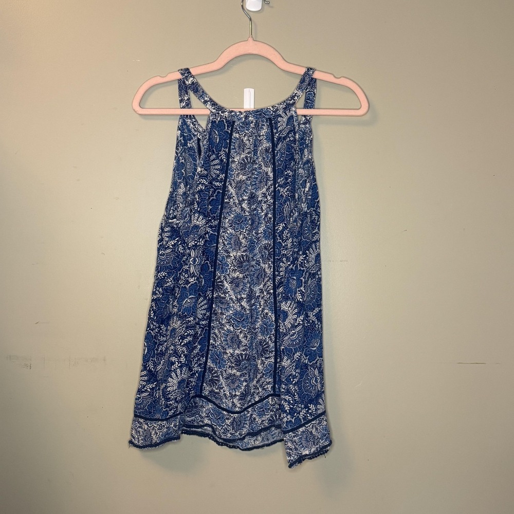 Warehouse One Tank Womens L Blue Tunic Halter Strappy Floral Viscose Rayon